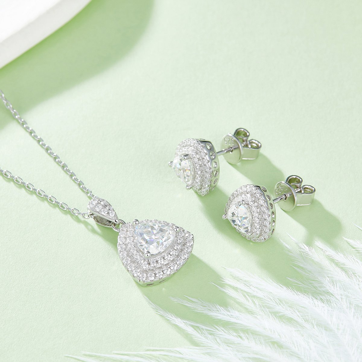 Trillion-Cut Moissanite Double-Halo Pendant & Stud Set - Image 4