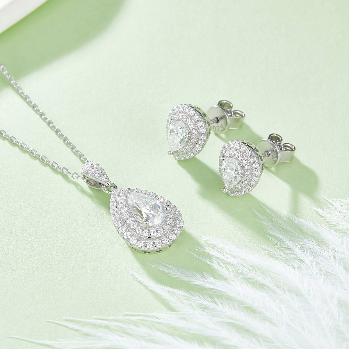 Pear-Cut Double Halo Moissanite Pendant & Stud Set - Image 4