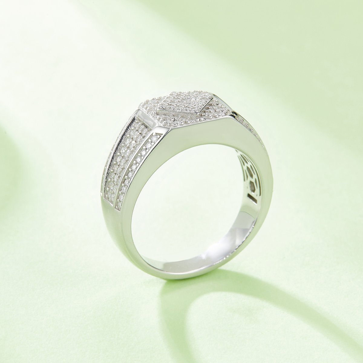 Men's Moissanite Pavé Octagon Ring with Raised Diamond Motif - Image 5