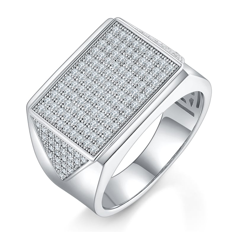 Men's Moissanite Pavé Rectangular Signet Ring | 18K White Gold-Plated Sterling Silver