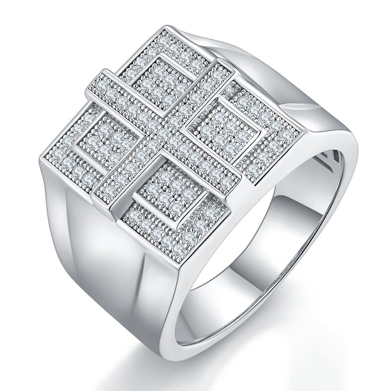 Men's Moissanite Pave Cross-Grid Signet Ring