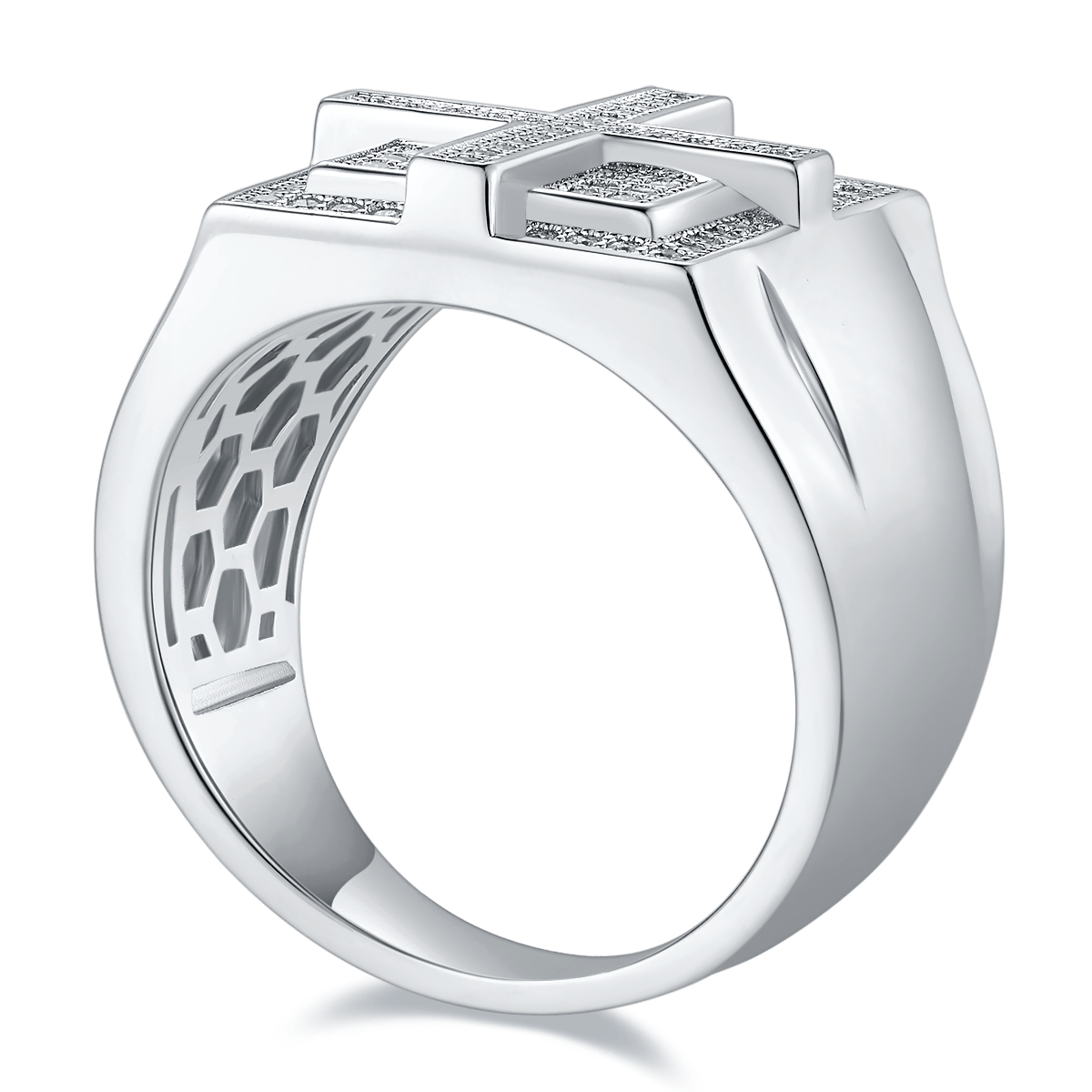 Men's Moissanite Pave Cross-Grid Signet Ring - Image 2