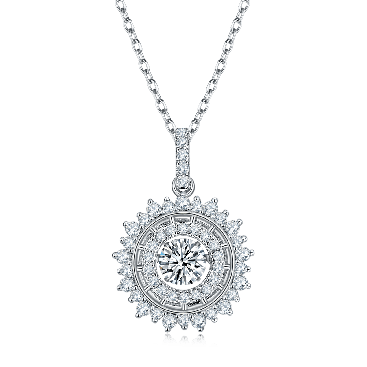 Dancing Moissanite Starburst Halo Pendant Necklace - Image 2