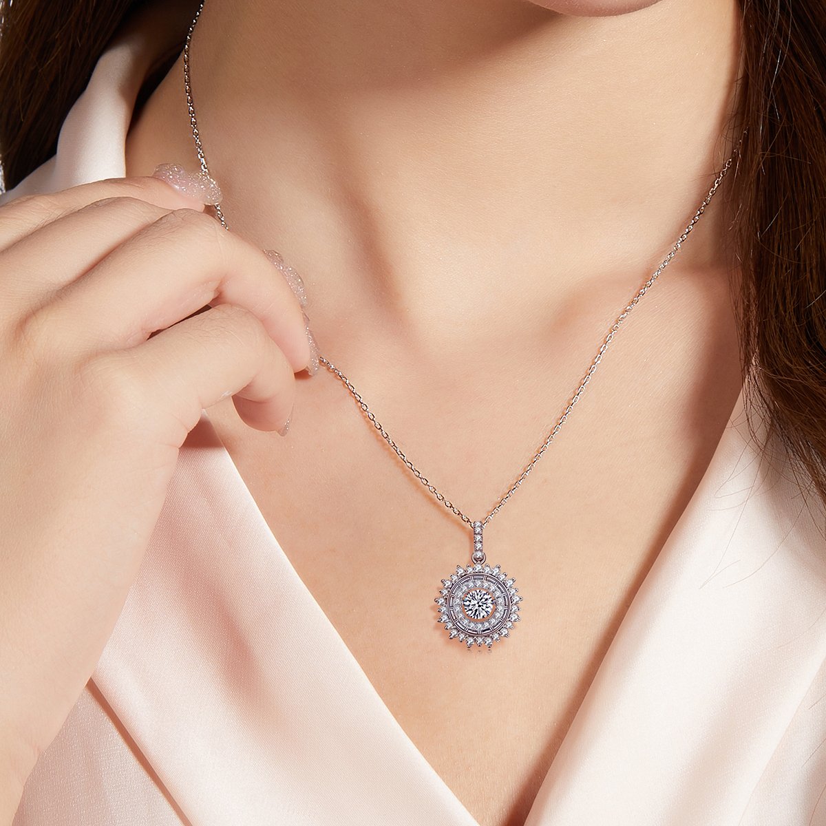 Dancing Moissanite Starburst Halo Pendant Necklace - Image 6