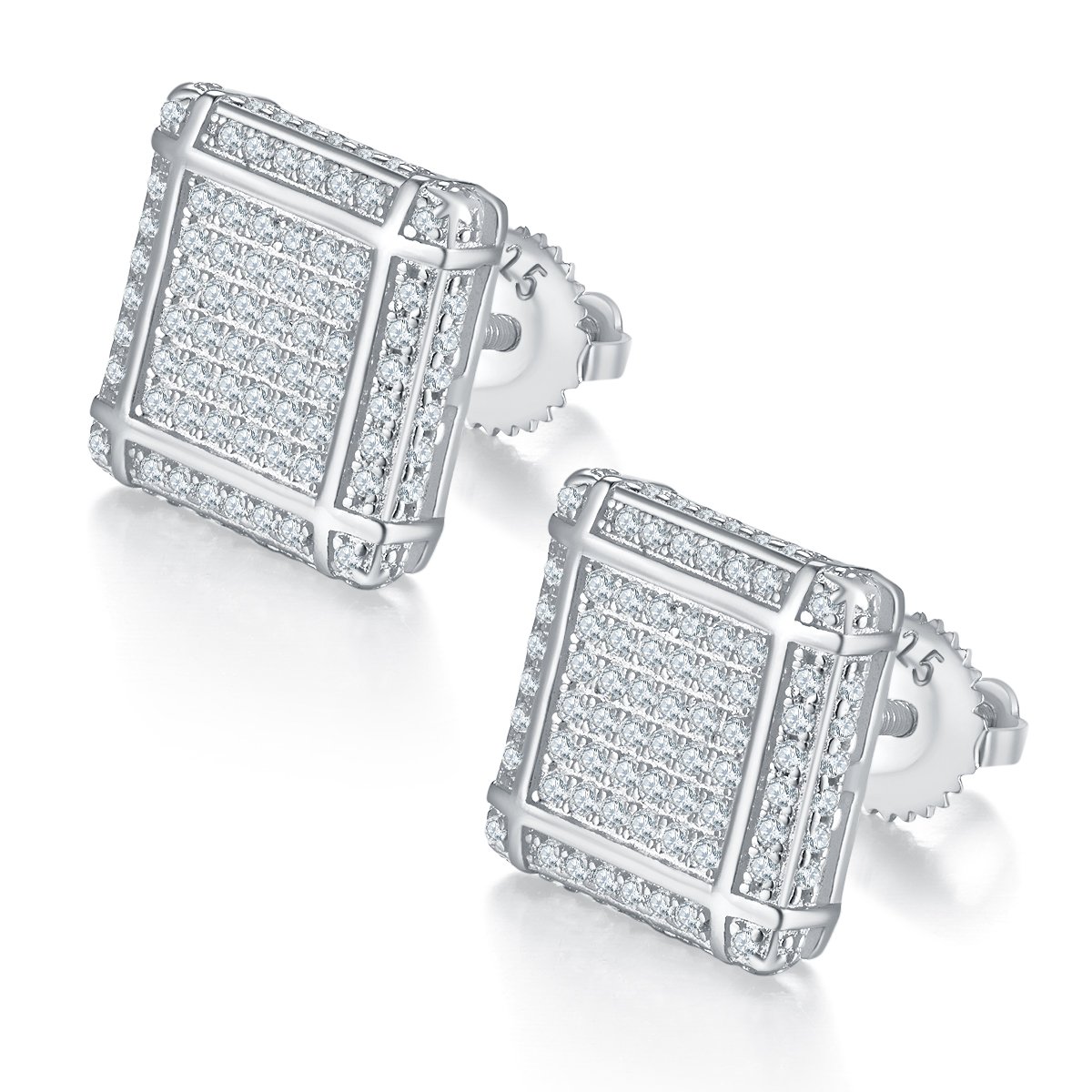 Square Lattice Moissanite Stud Earrings – Iced Screw-Back Cube Studs