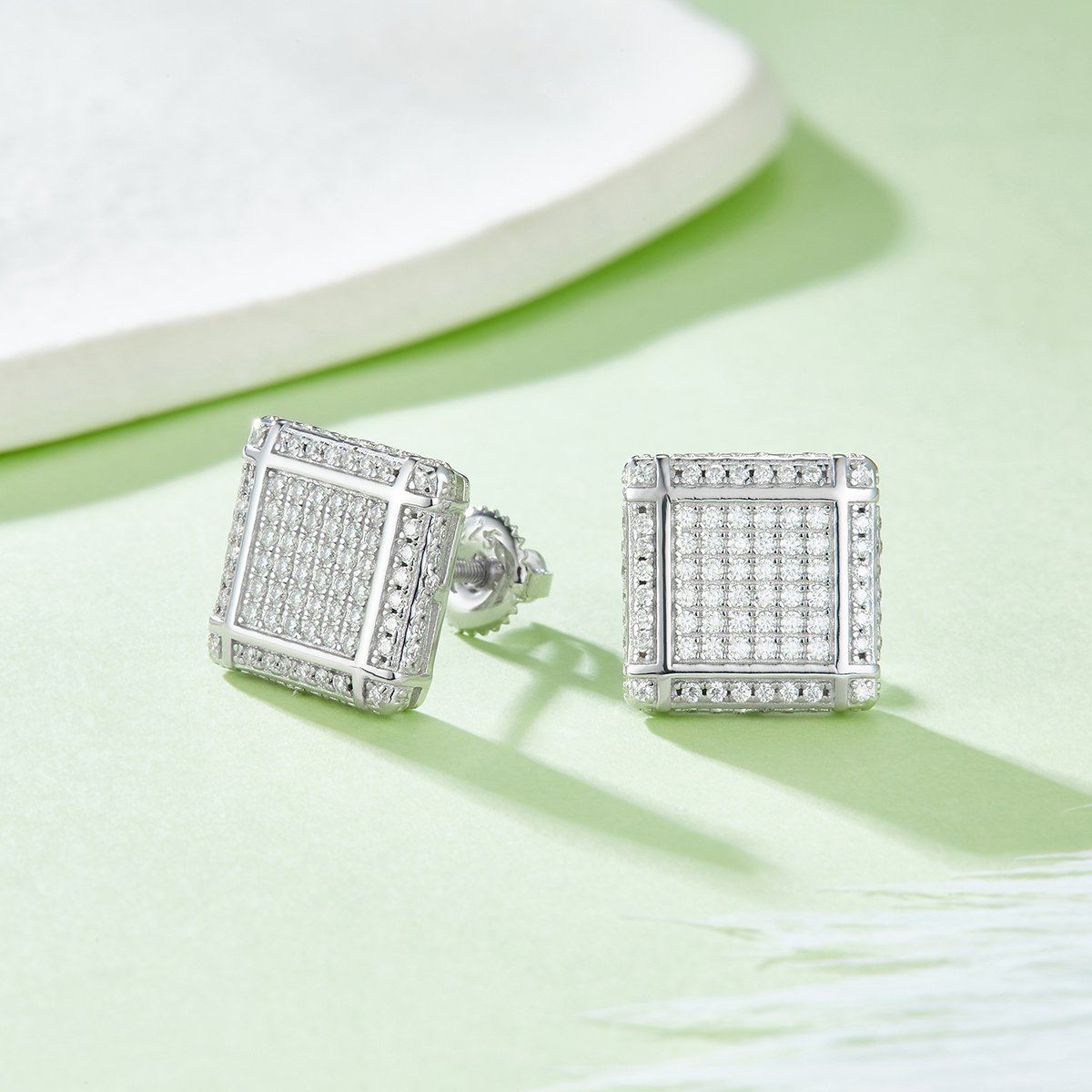 Square Lattice Moissanite Stud Earrings – Iced Screw-Back Cube Studs - Image 3