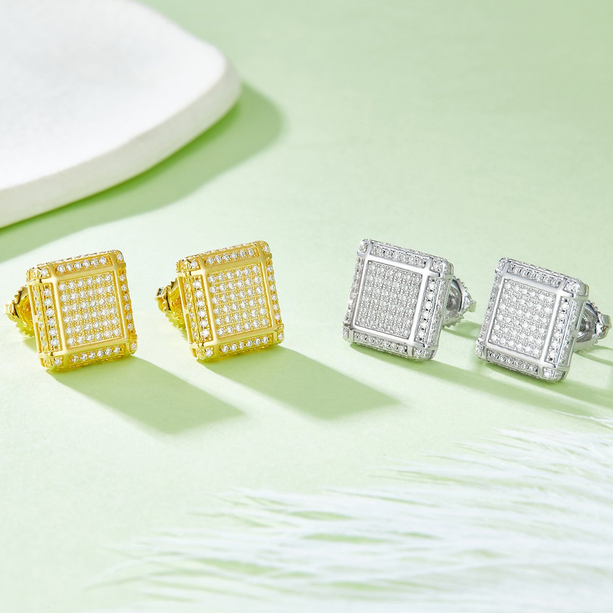 Square Lattice Moissanite Stud Earrings – Iced Screw-Back Cube Studs - Image 5