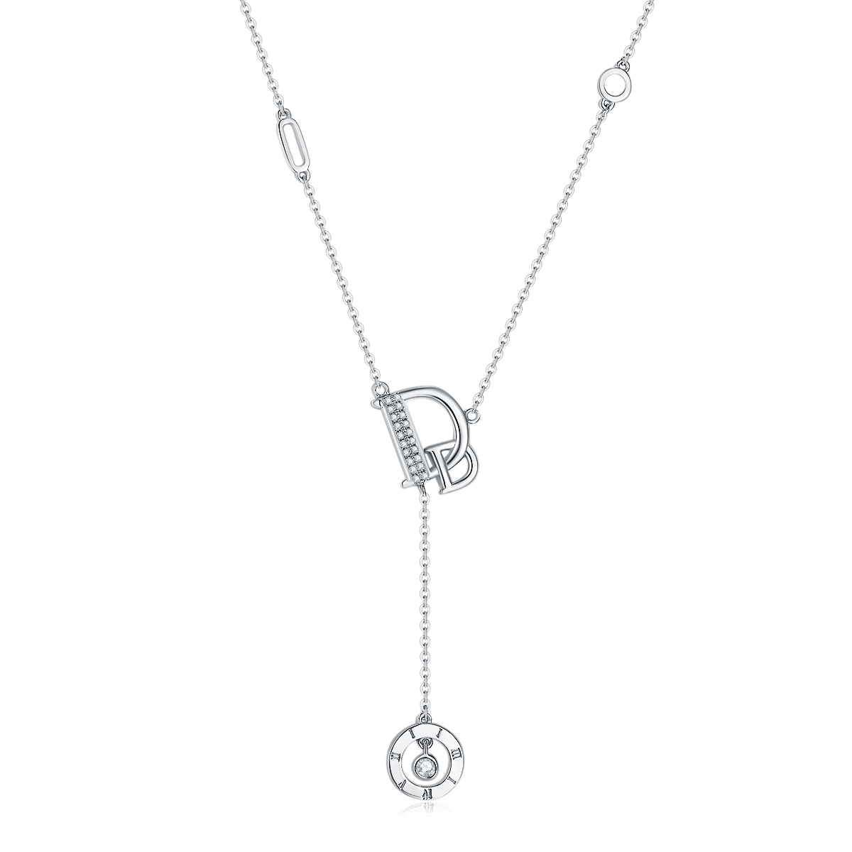 Initial D Lariat Moissanite Necklace with Roman Disc