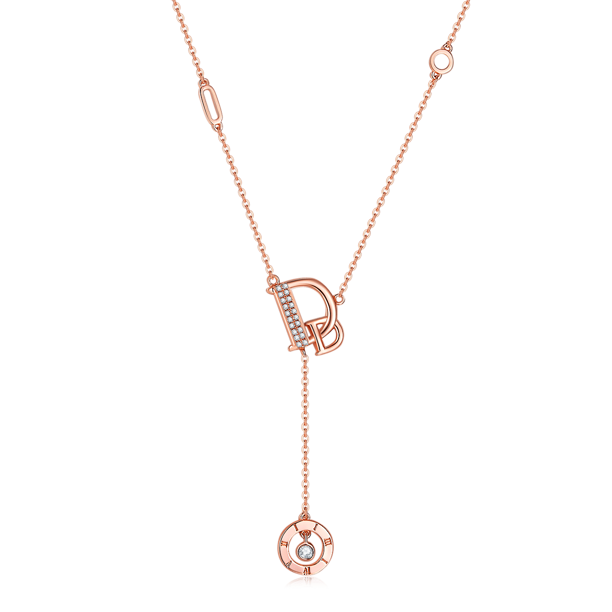 Initial D Lariat Moissanite Necklace with Roman Disc - alternate view