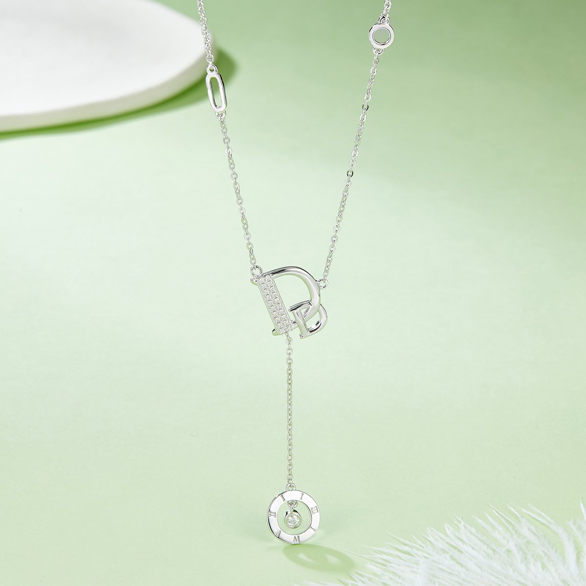 Initial D Lariat Moissanite Necklace with Roman Disc - Image 3