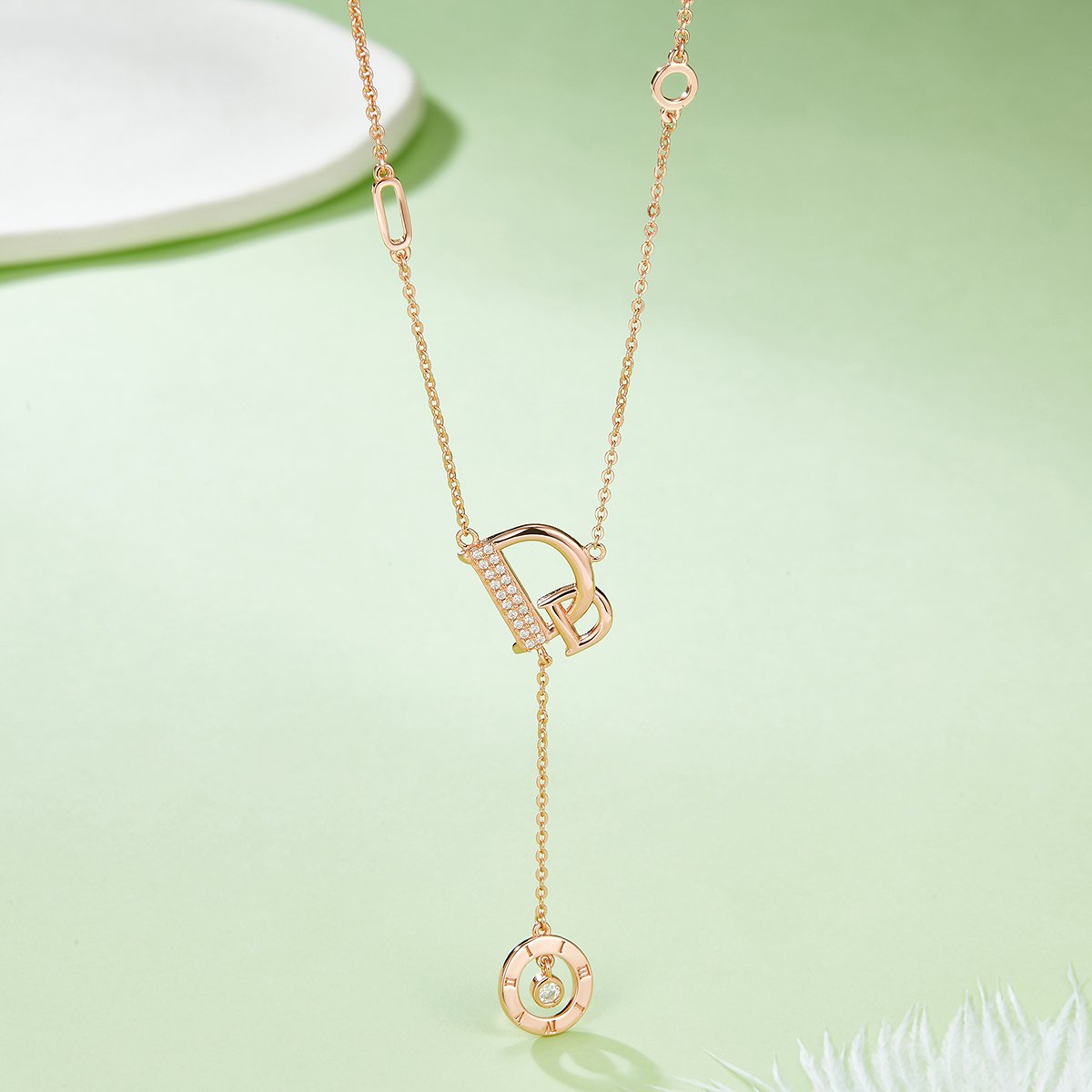 Initial D Lariat Moissanite Necklace with Roman Disc - Image 4