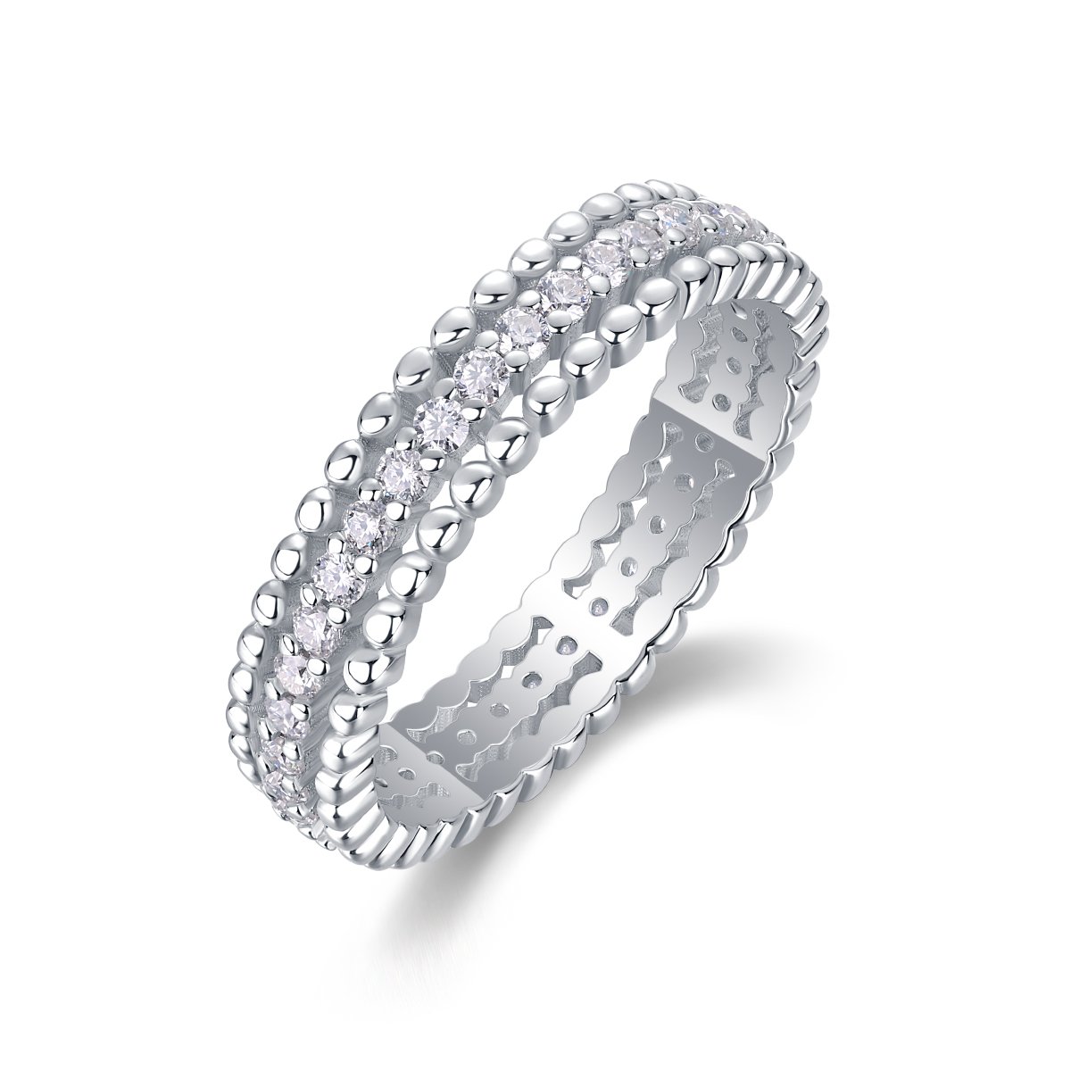Beaded-Edge Channel Moissanite Eternity Band Ring | Milgrain 925 Silver