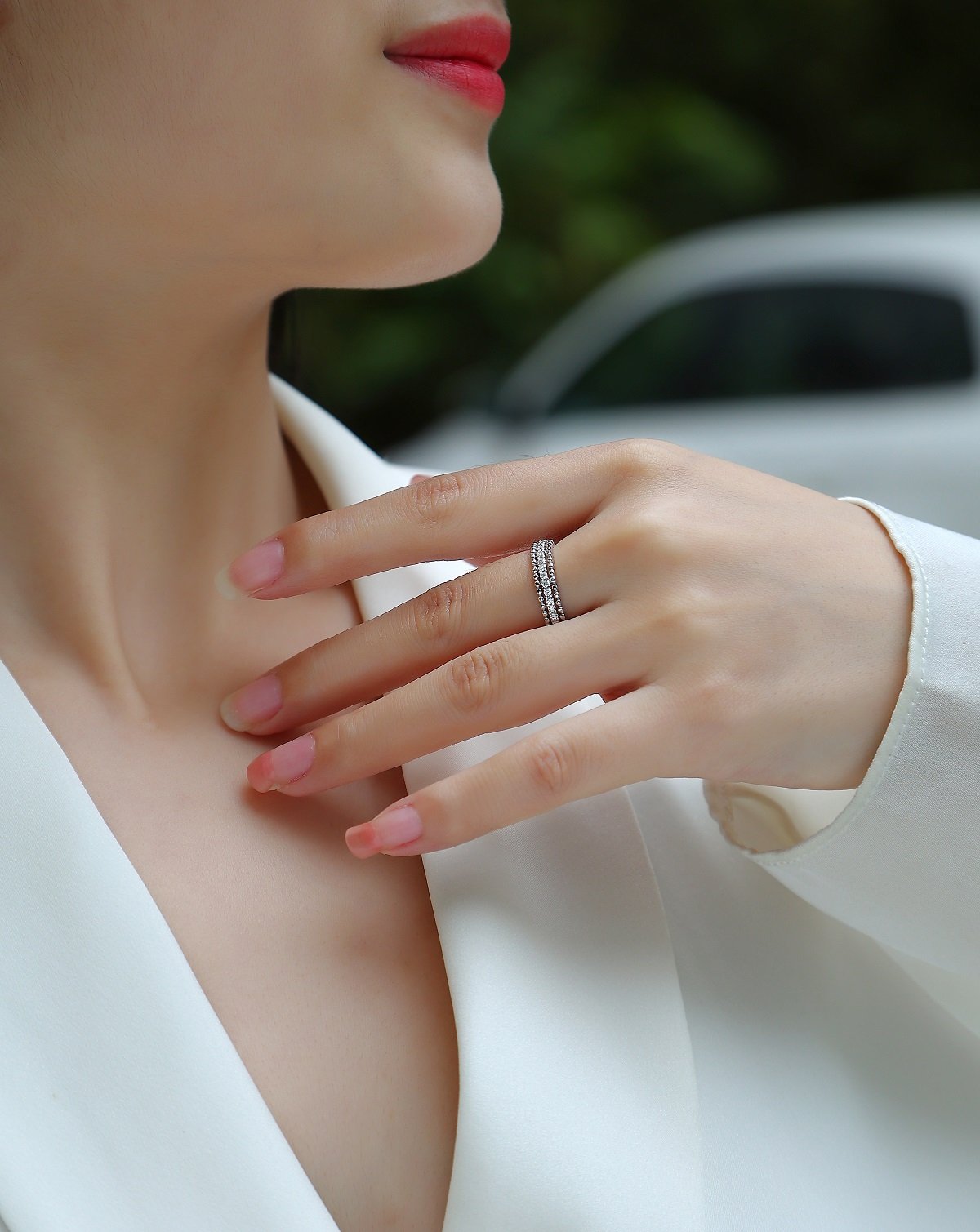 Beaded-Edge Channel Moissanite Eternity Band Ring | Milgrain 925 Silver - Image 7