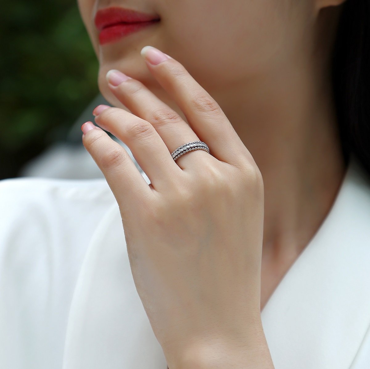 Beaded-Edge Channel Moissanite Eternity Band Ring | Milgrain 925 Silver - Image 8