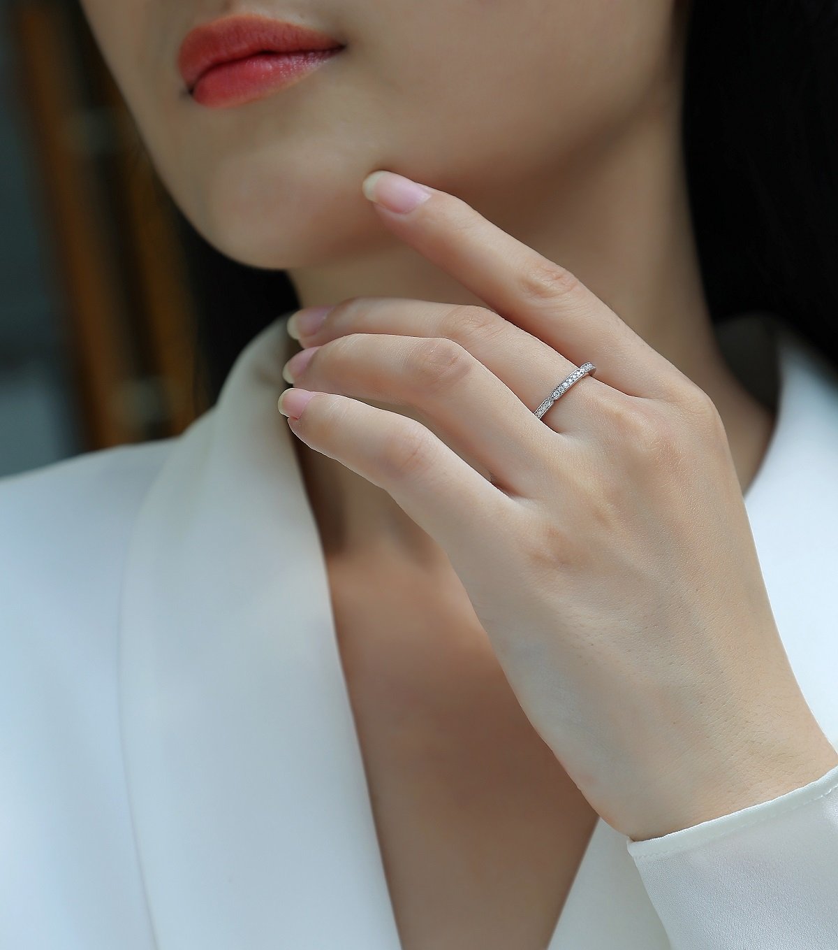 Moissanite Milgrain Segment Band Ring | Vintage Half-Eternity Stacker | 925 Silver - Image 8