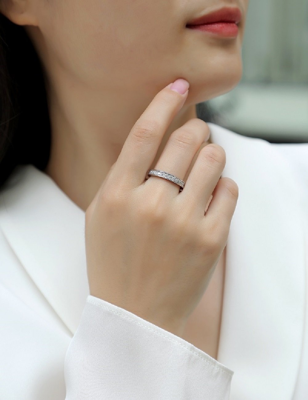 Round Moissanite Pave Eternity Band Ring | 18K White Gold over 925 Silver - Image 7