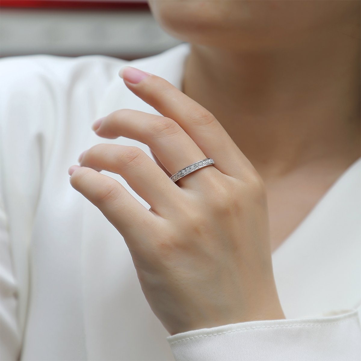 Round Moissanite Pave Eternity Band Ring | 18K White Gold over 925 Silver - Image 8