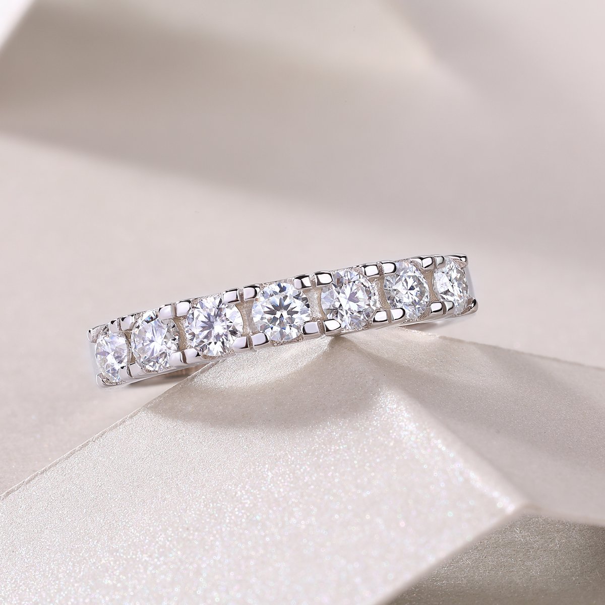 Lucky Seven-Stone Round Moissanite Band Ring | DEF VVS 18K White Gold - Image 6