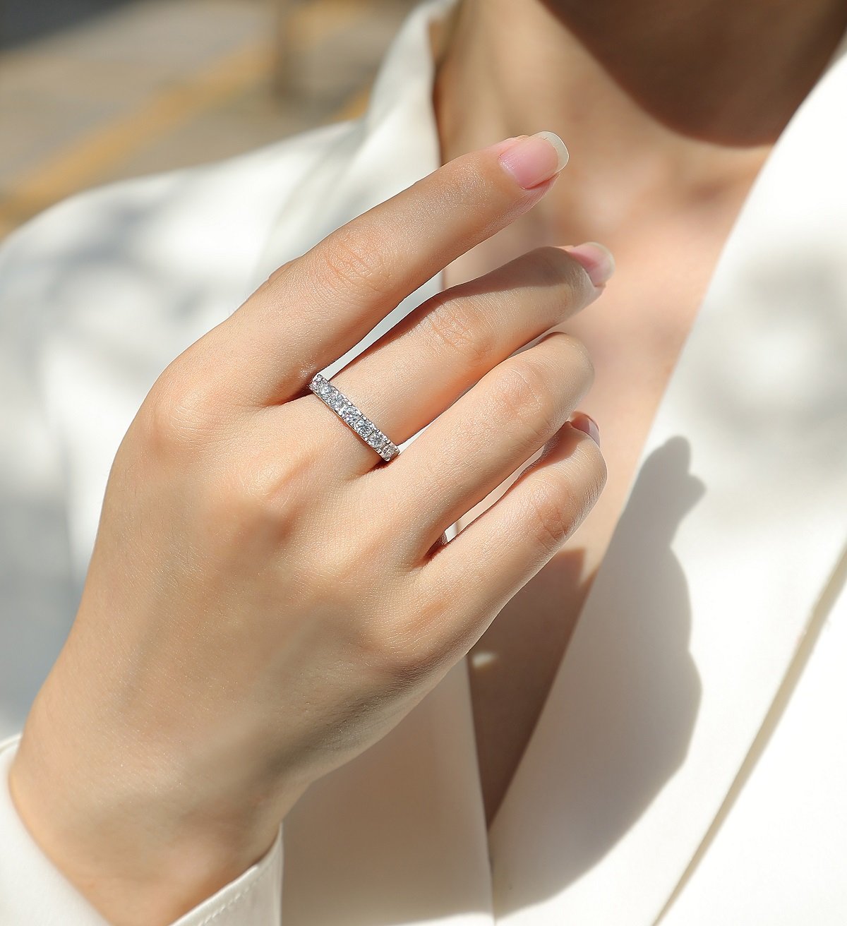 Lucky Seven-Stone Round Moissanite Band Ring | DEF VVS 18K White Gold - Image 8