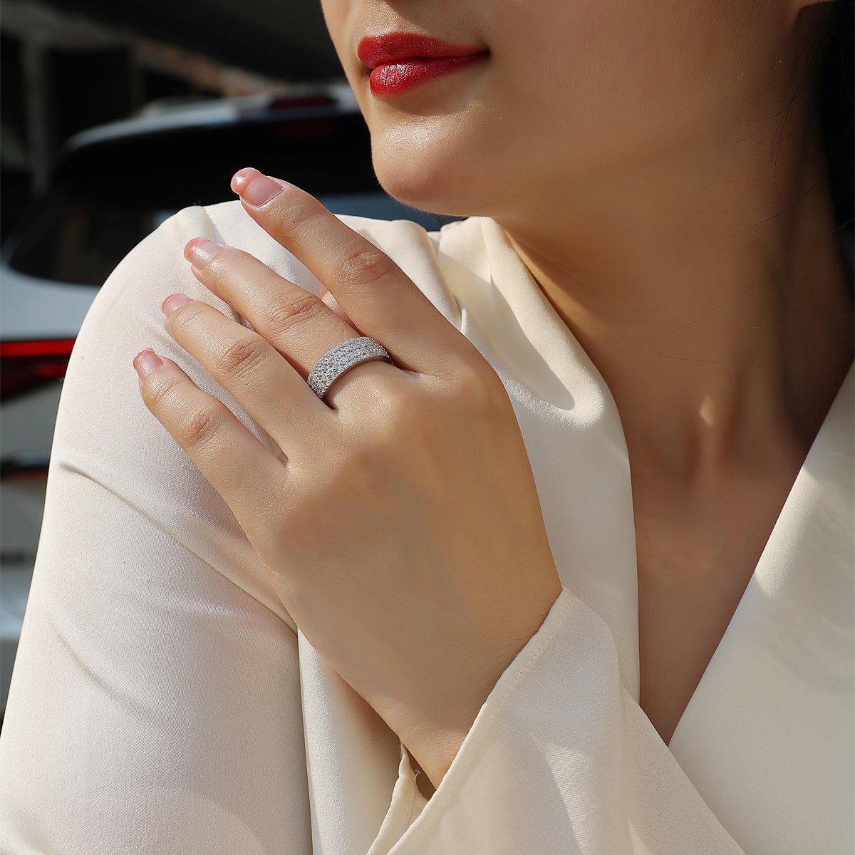 Multi-Row Pavé Moissanite Dome Band Ring | Wide Round-Cut Anniversary Band - Image 7