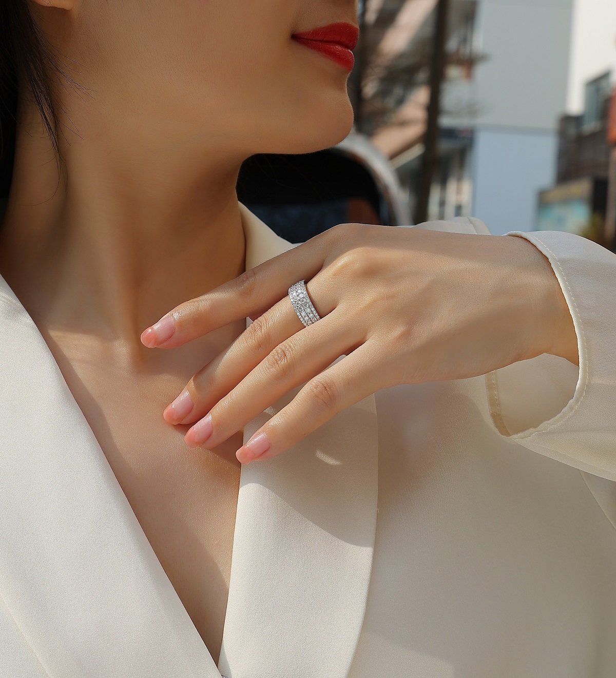 Multi-Row Pavé Moissanite Dome Band Ring | Wide Round-Cut Anniversary Band - Image 8