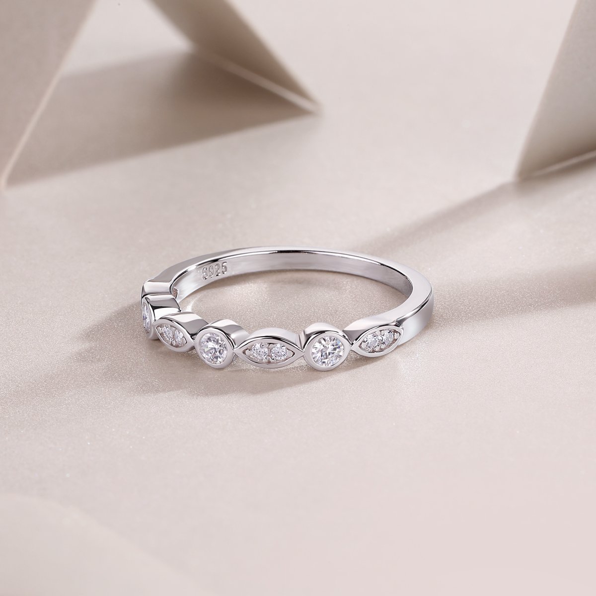 Vintage Marquise-Station Moissanite Ring | Bezel & Pave Stacking Band - Image 6