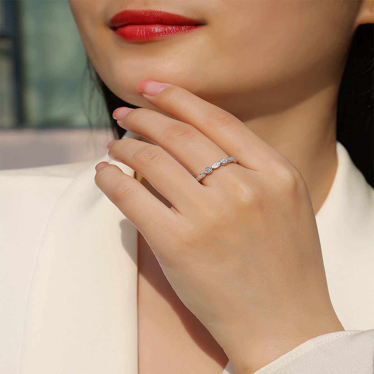 Vintage Marquise-Station Moissanite Ring | Bezel & Pave Stacking Band - Image 8