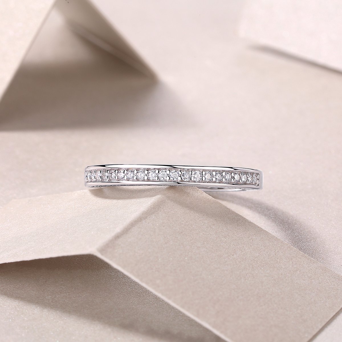 Moissanite Pavé Wedding Band | Slim Stackable Milgrain Ring - Image 5