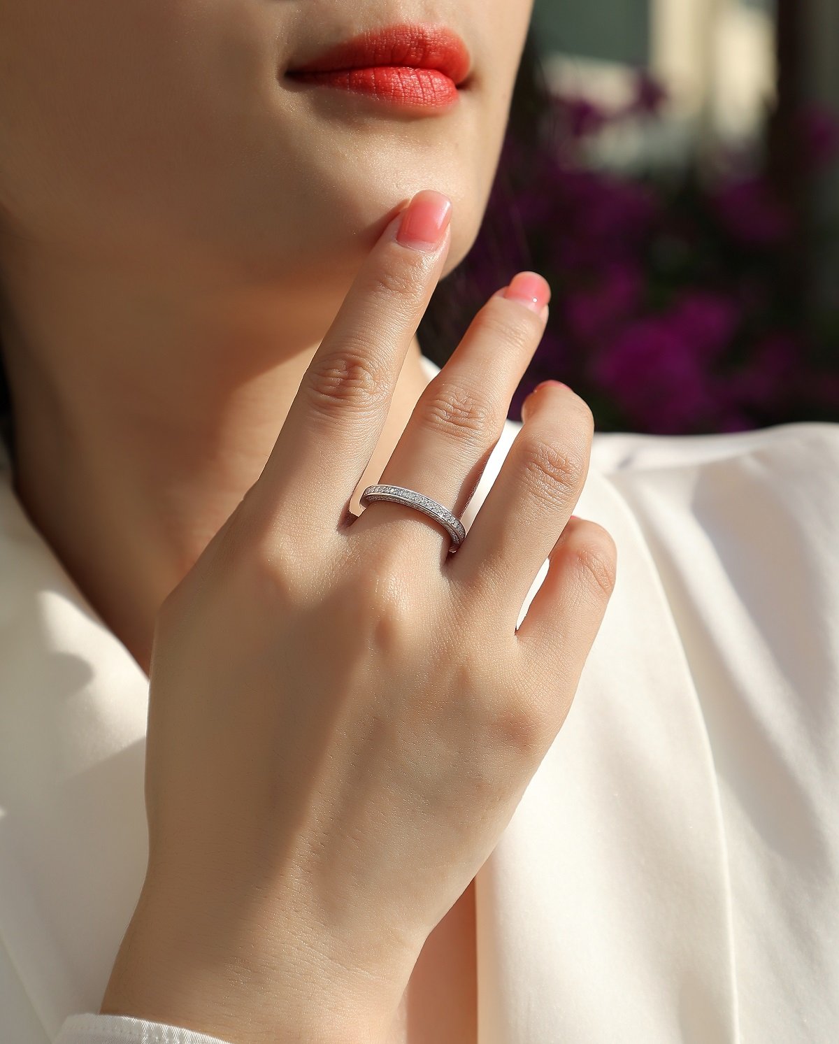Moissanite Pavé Wedding Band | Slim Stackable Milgrain Ring - Image 7