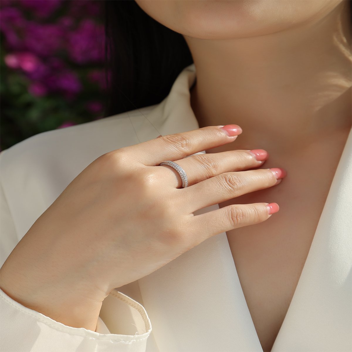 Moissanite Pavé Wedding Band | Slim Stackable Milgrain Ring - Image 8