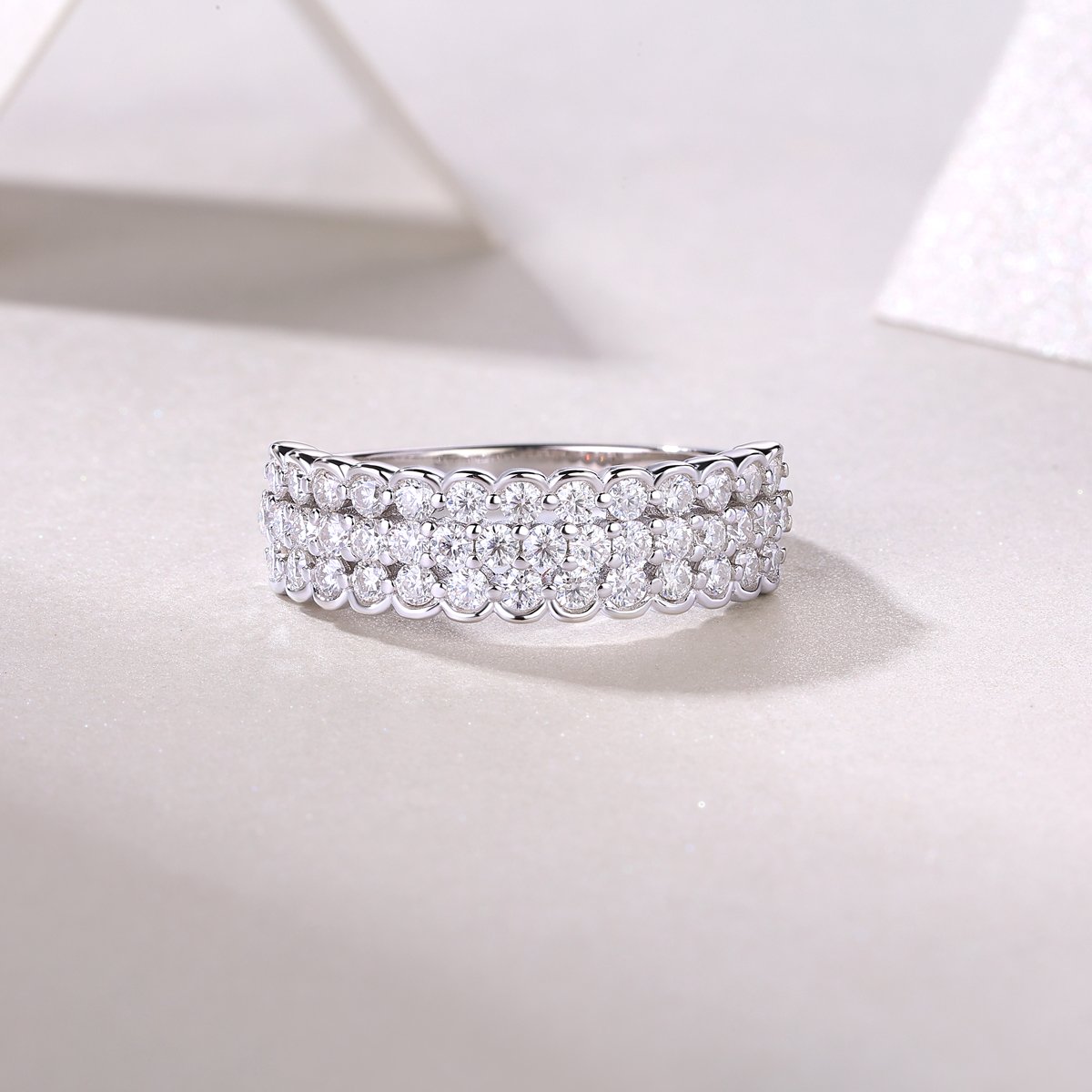 Scalloped Multi-Row Pavé Moissanite Band Ring | Three-Row Half-Eternity - Image 5