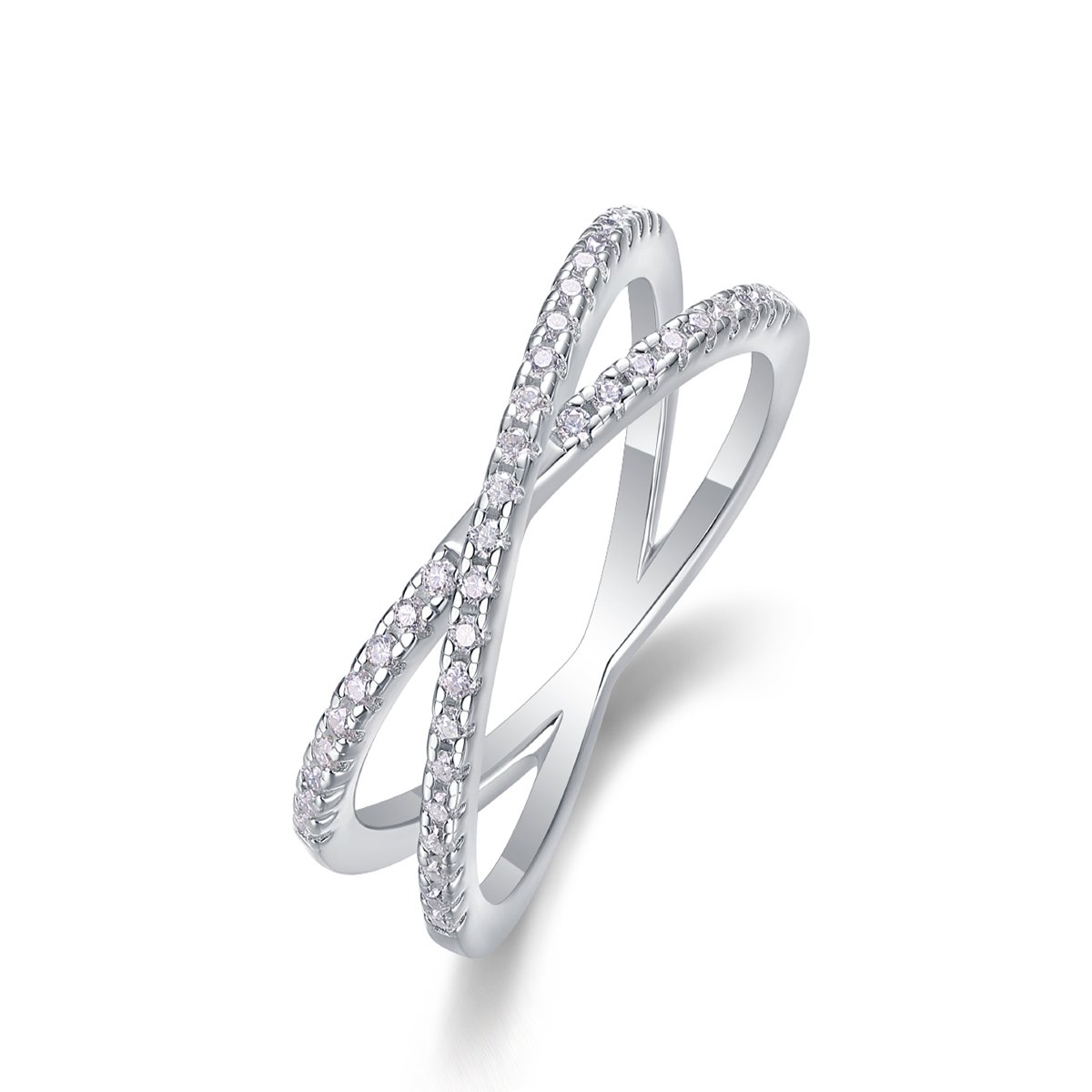 Dainty Moissanite Crossover Ring – Pavé X White Gold