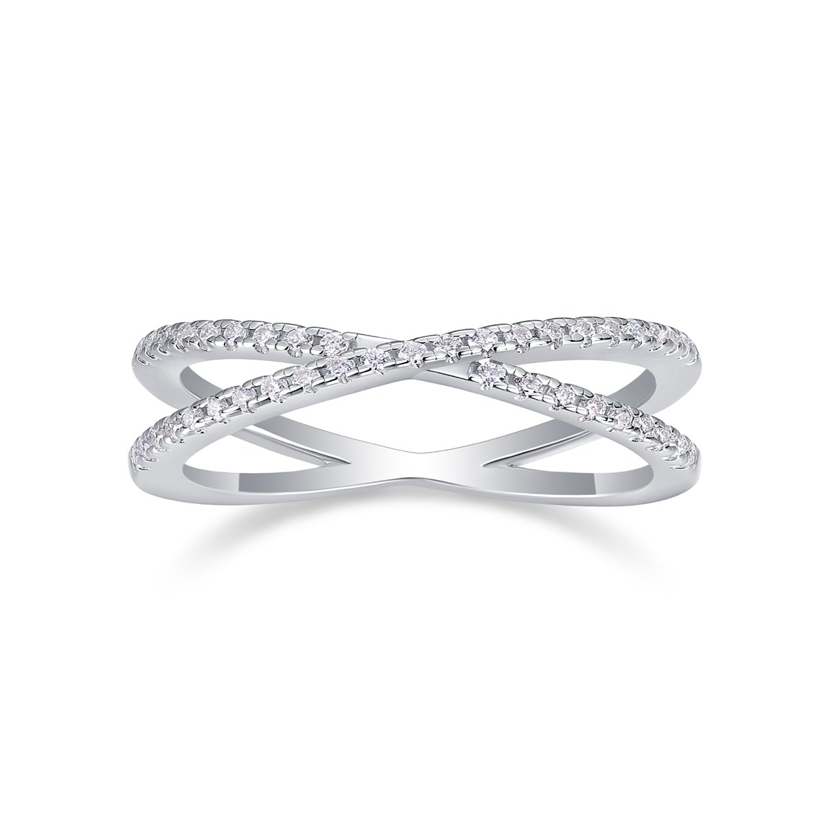 Dainty Moissanite Crossover Ring – Pavé X White Gold - Image 4