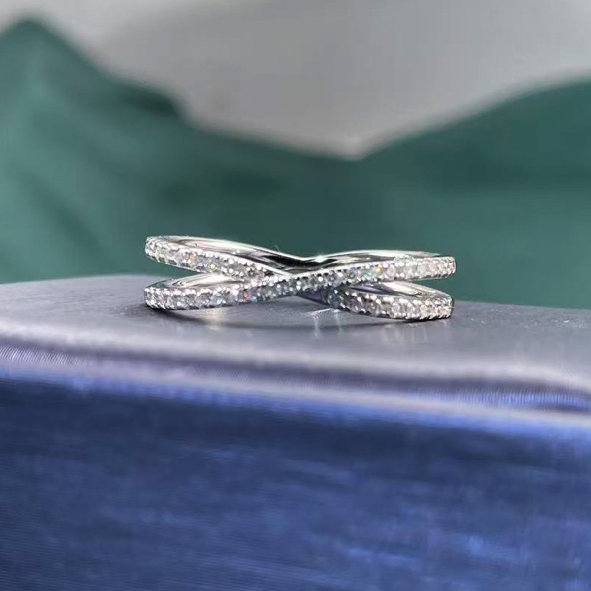 Dainty Moissanite Crossover Ring – Pavé X White Gold - Image 6