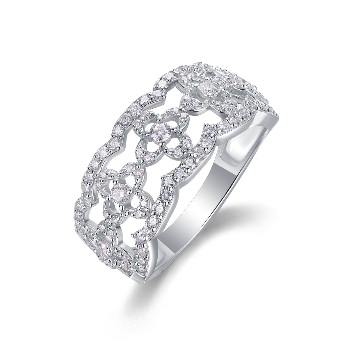 Openwork Clover Moissanite Band Ring | Lace Pavé Eternity-Style Band