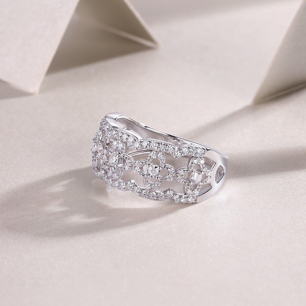 Openwork Clover Moissanite Band Ring | Lace Pavé Eternity-Style Band - Image 5
