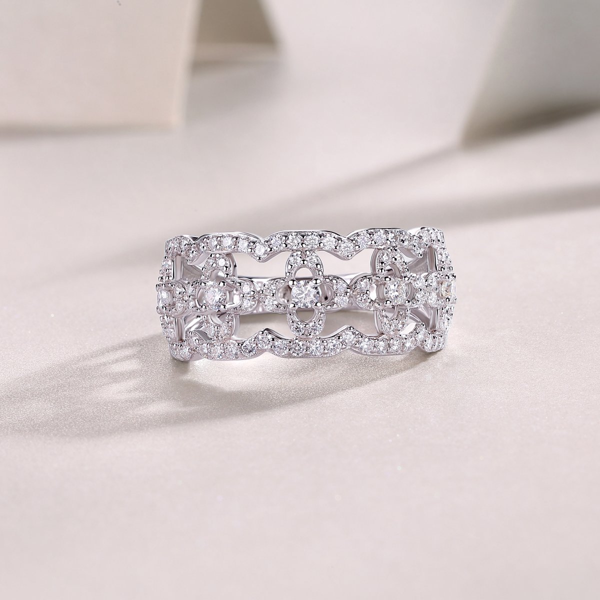 Openwork Clover Moissanite Band Ring | Lace Pavé Eternity-Style Band - Image 6
