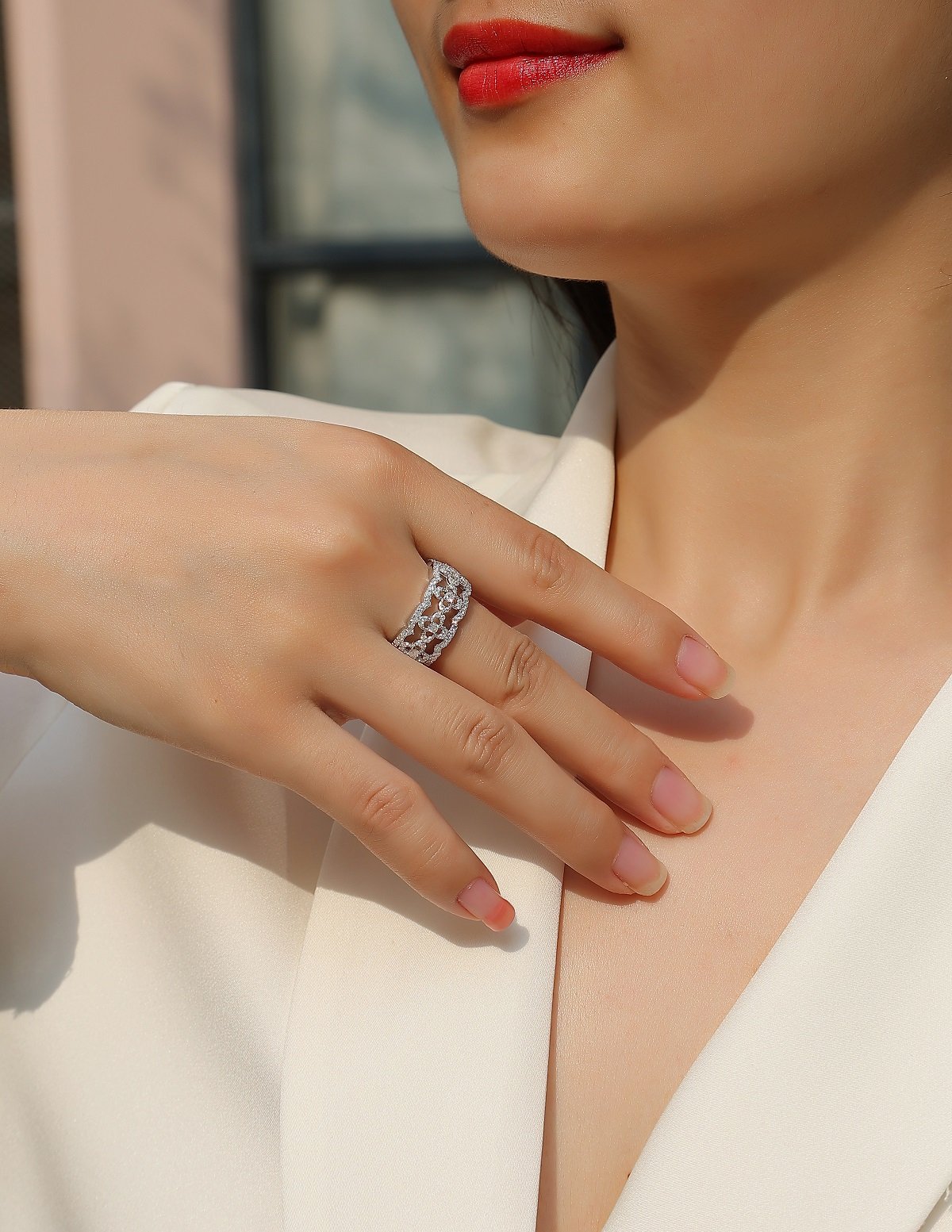 Openwork Clover Moissanite Band Ring | Lace Pavé Eternity-Style Band - Image 7