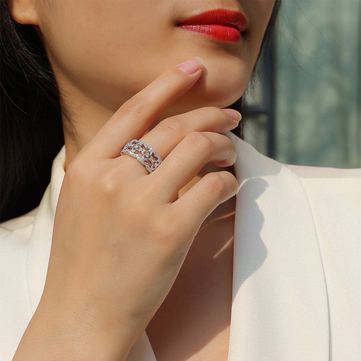 Openwork Clover Moissanite Band Ring | Lace Pavé Eternity-Style Band - Image 8