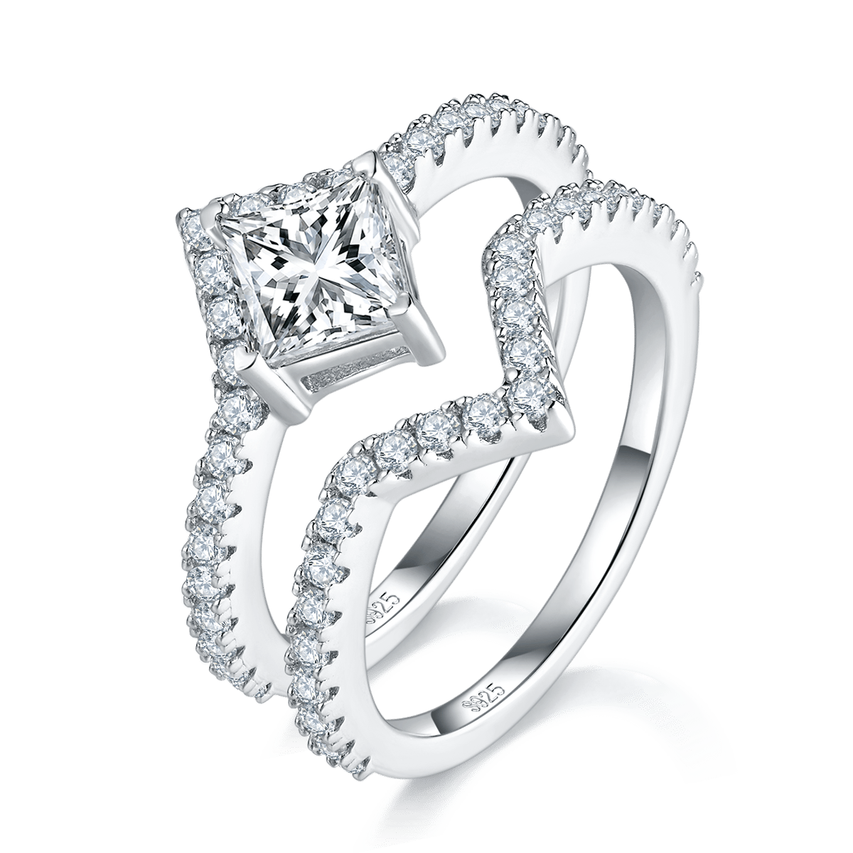 Princess-Cut Moissanite Bridal Set – 1ct DEW | Square Halo + Chevron Band