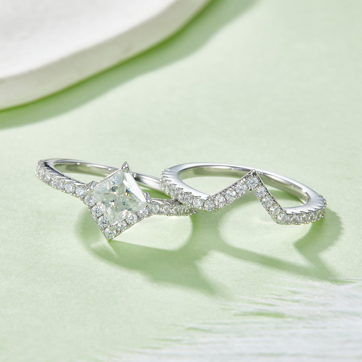 Princess-Cut Moissanite Bridal Set – 1ct DEW | Square Halo + Chevron Band - Image 4