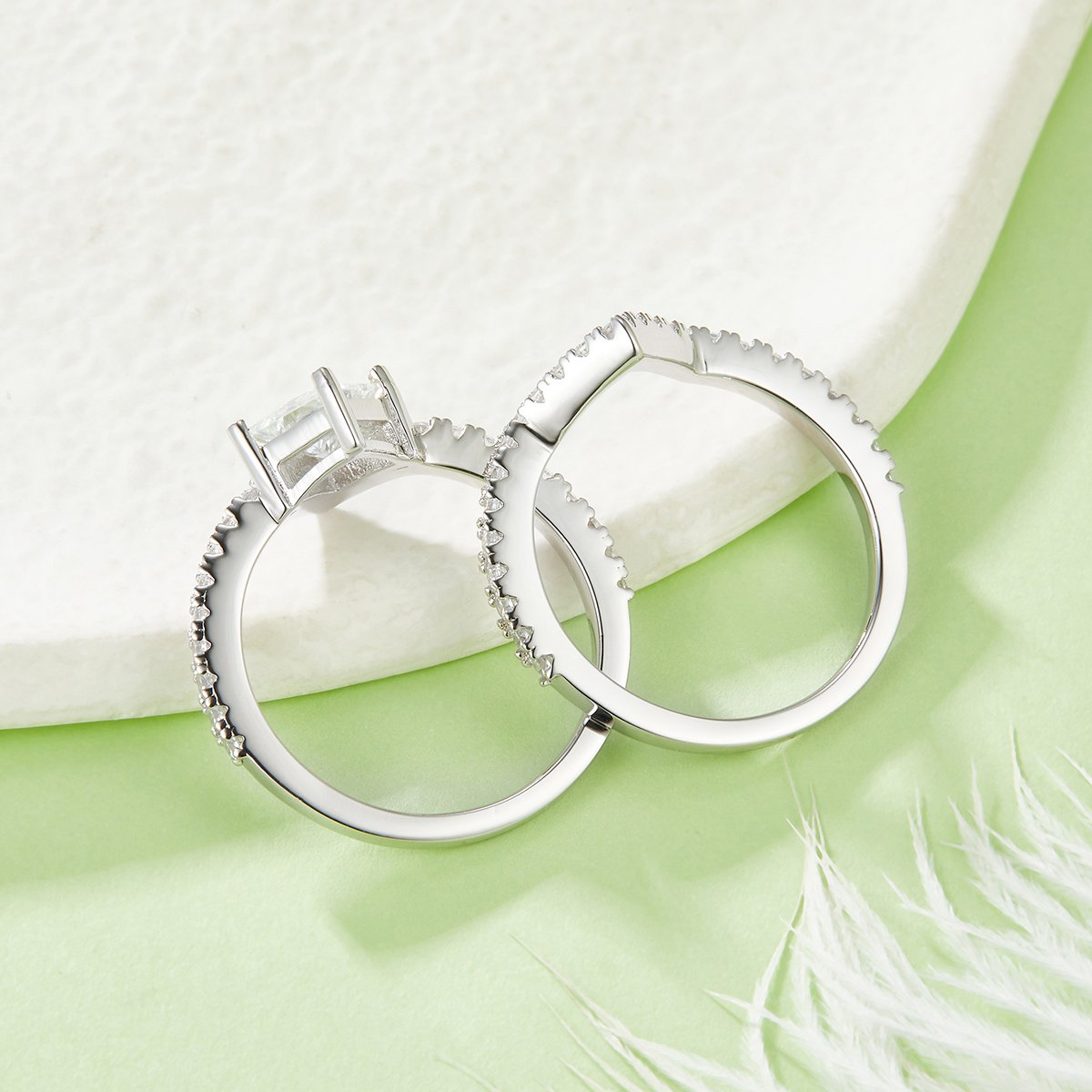 Princess-Cut Moissanite Bridal Set – 1ct DEW | Square Halo + Chevron Band - Image 5