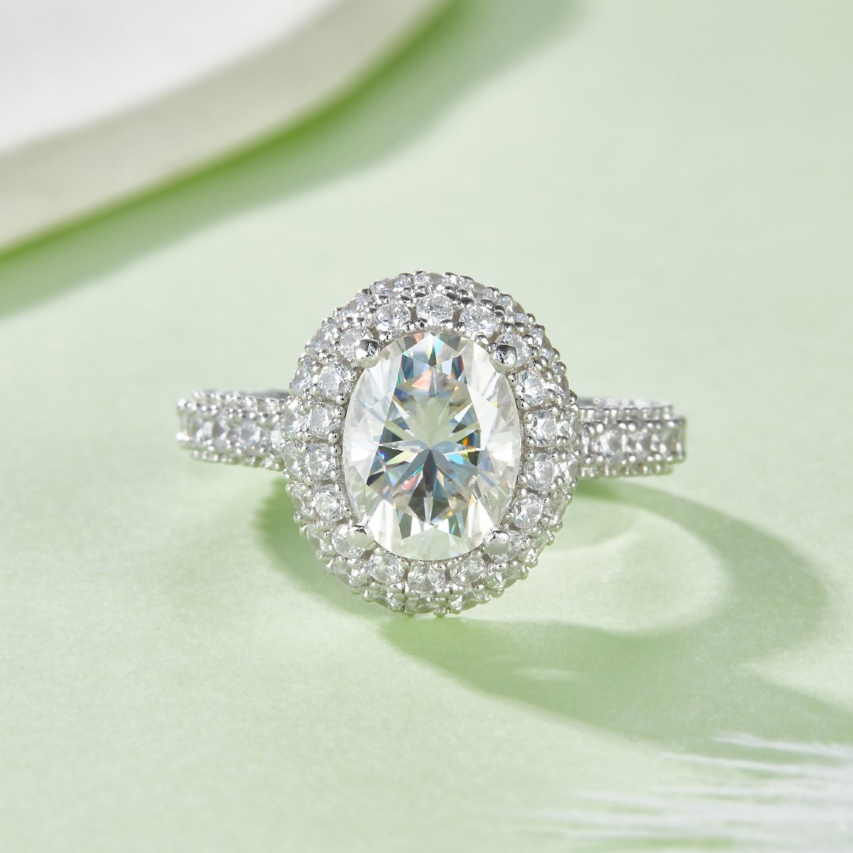 Oval Moissanite Double Halo Ring | 2ct DEW (7x9mm) | DEF VVS Sterling Silver - Image 2