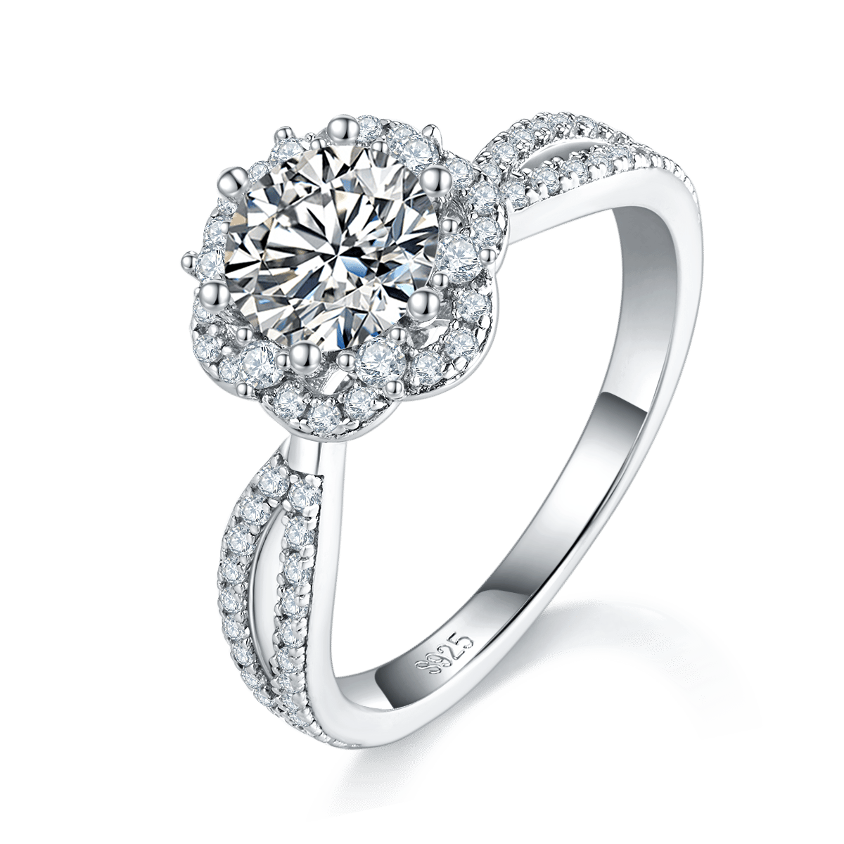 1ct Round Moissanite Floral Halo Split-Shank Engagement Ring | 925 Silver