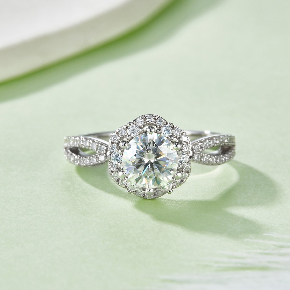 1ct Round Moissanite Floral Halo Split-Shank Engagement Ring | 925 Silver - Image 2