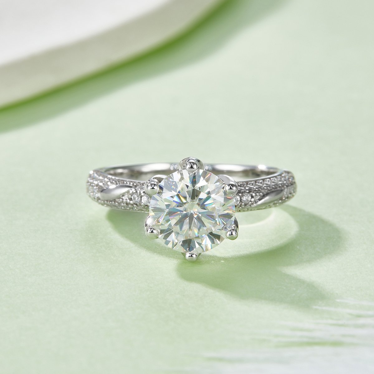 2ct Round Moissanite Six-Prong Pave Solitaire Ring - Image 2