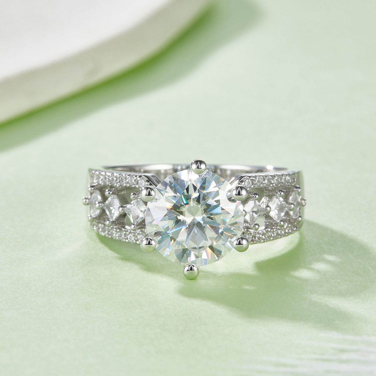 3ct Round Moissanite Ring | DEF Colorless VVS | Pave Split-Shoulder Setting - Image 2