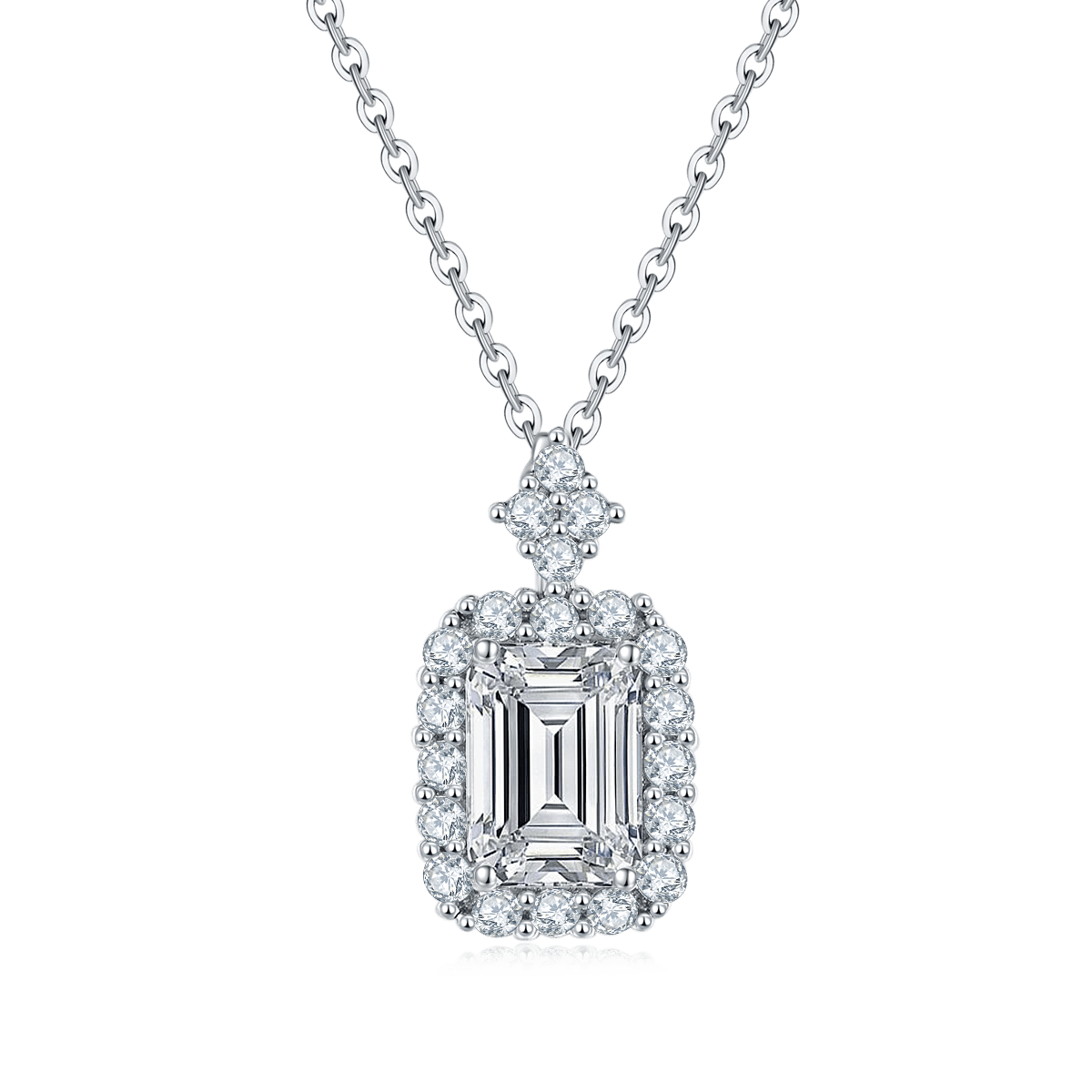 Emerald-Cut Moissanite Halo Pendant | 1ct DEW White-Gold Plated Silver