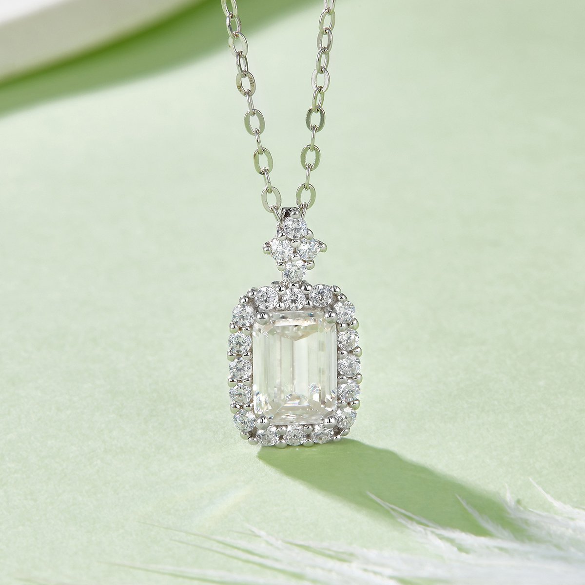 Emerald-Cut Moissanite Halo Pendant | 1ct DEW White-Gold Plated Silver - Image 2