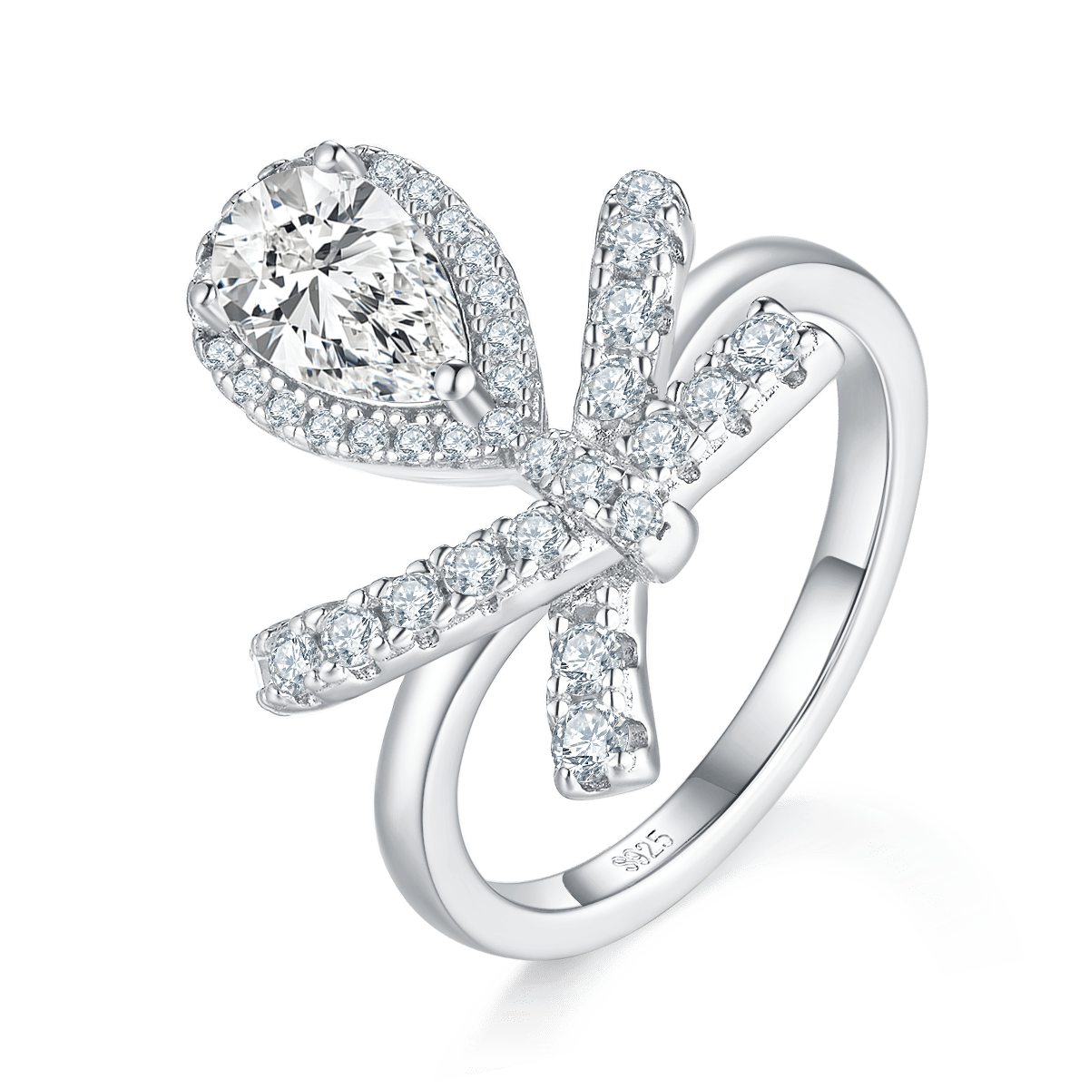 Pear Moissanite Ring - 1ct DEW Pave Bow in White Gold